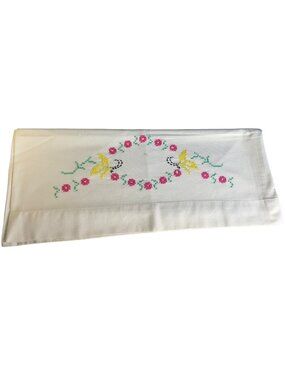 Hand Embroidered Pillowcase White Cotton Floral Butterfly Design Vtg